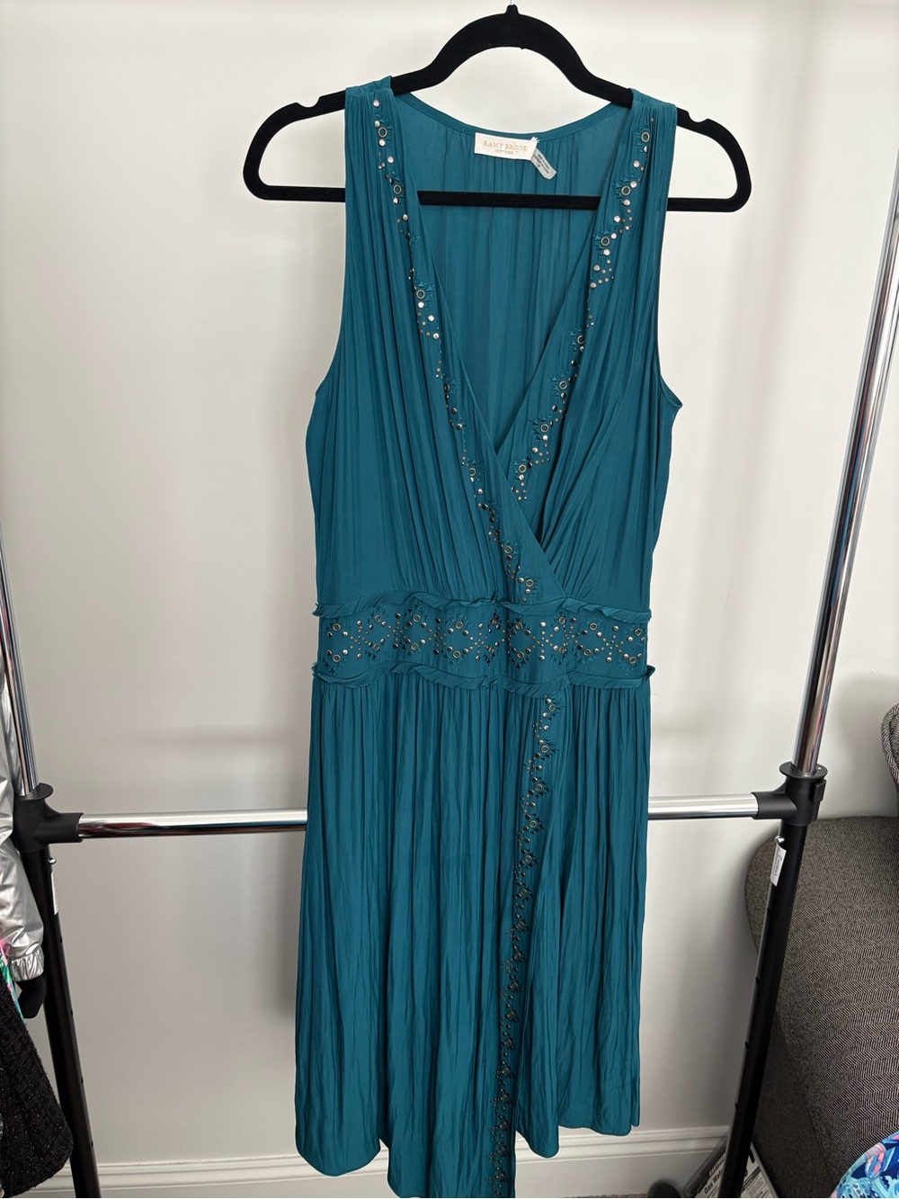 Ramy Brook April Embellished Asymmetrical Cocktail Dress Teal Size S VGUC